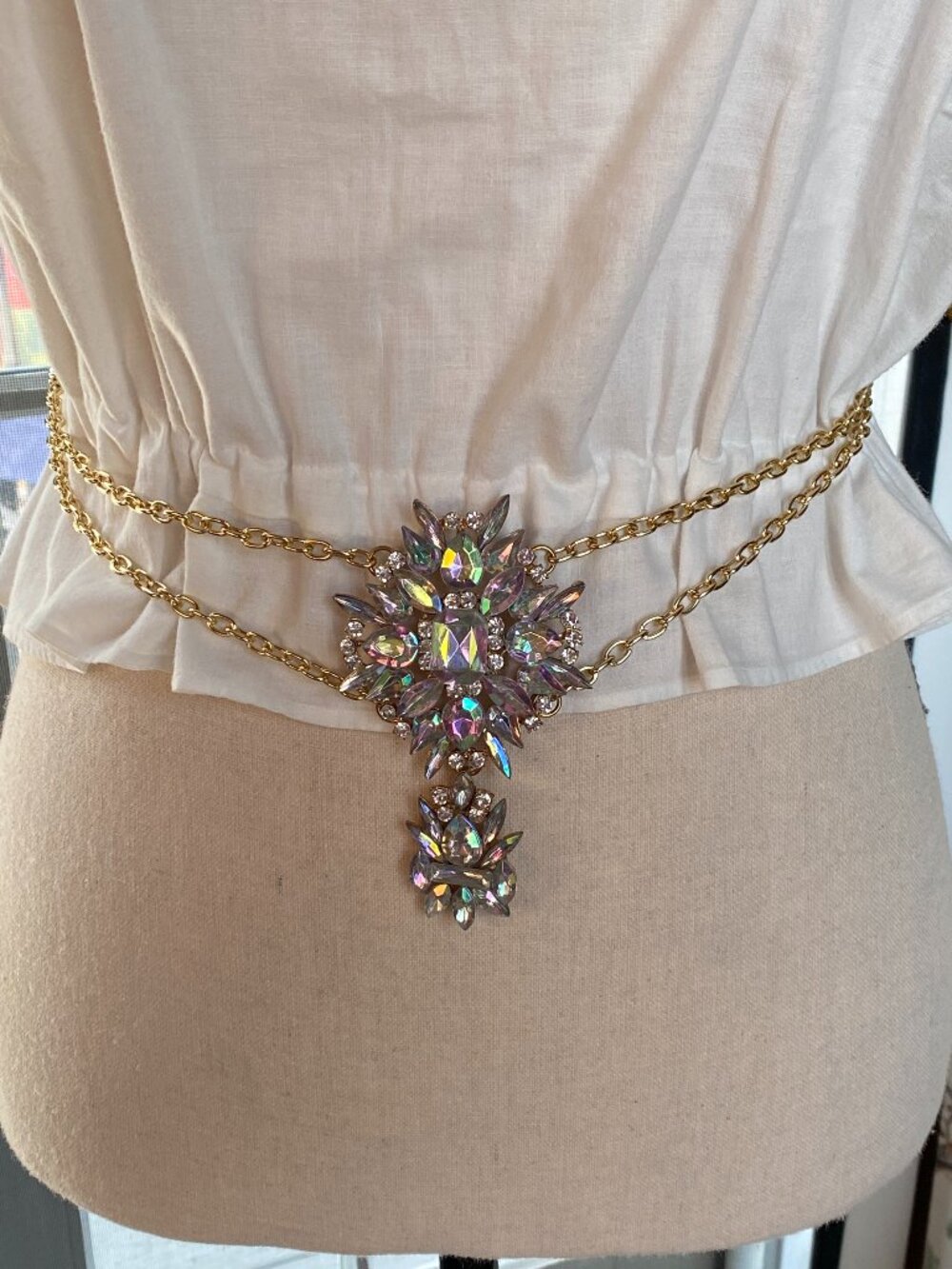 Blingy Large Rhinestone Crystal Gem Pendant Body Chain Gold-tone Belt